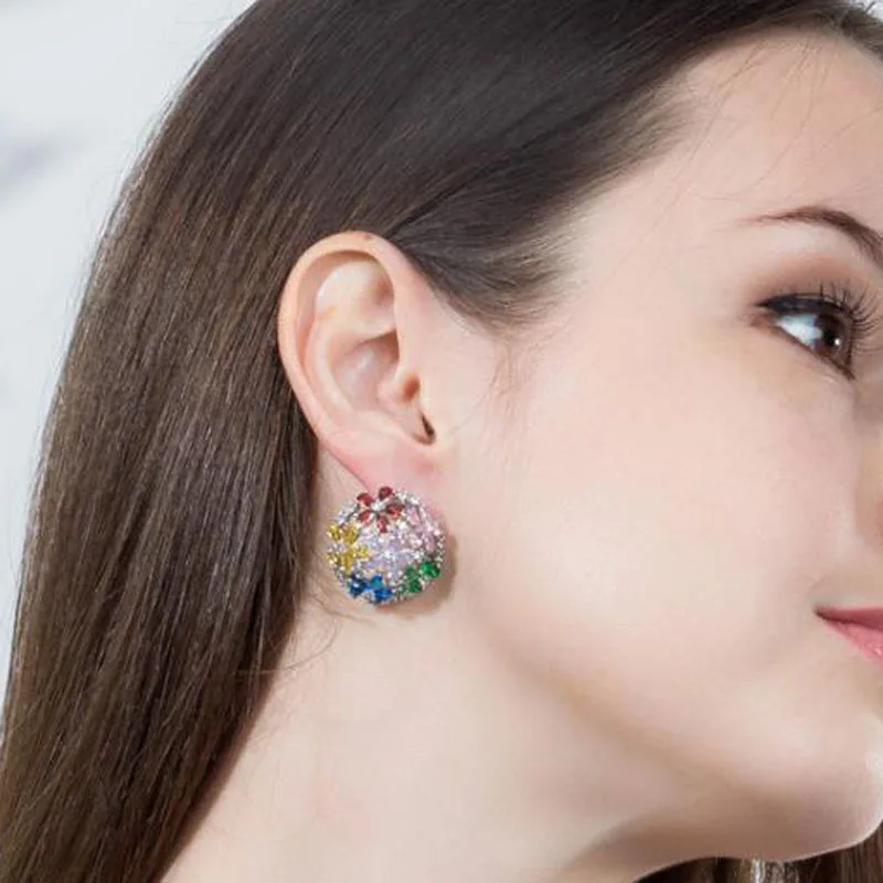 Fashion luxury Earrings woman Pin full crystal flower AAA Zircon Ear studs Colorful sparkling Cubic Zircon stud Earrings