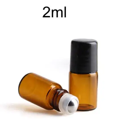 1200pcs/lot Empty Mini 2ml Amber Roll on Glass Bottles Essential Oil Liquid Perfume Bottle With Metal Roller Ball