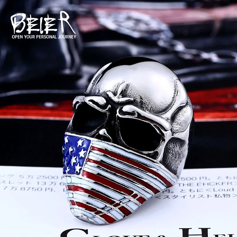 BEIER American Flag Stainless Steel Skull Ring For Man Personality Biker Jewelry Wholesale Factory Price BR8-283