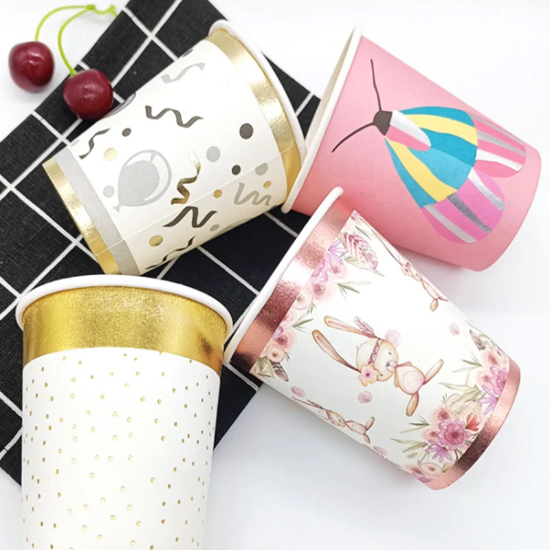 8Pcs Disposable Gilded Dots Pattern Style Paper Cups Reinforced 9oz 250ml For Part Dinner Wedding Birthday Disposable Tableware