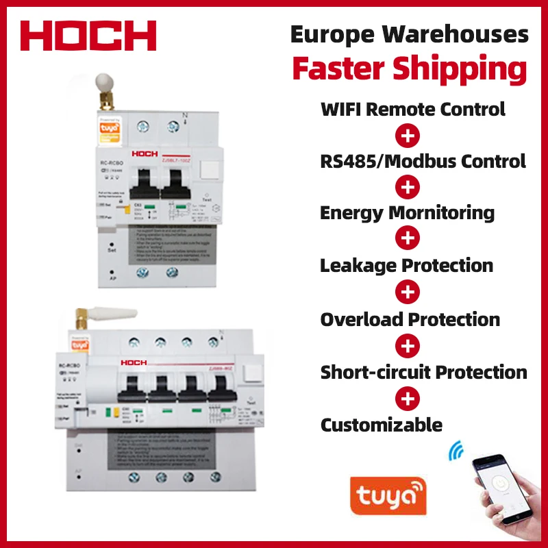 hoch wifi circuit breaker monitoramento de energia rcbo controle remoto tuya smart life timer interruptor automatico rs485 wifi fabrica 01