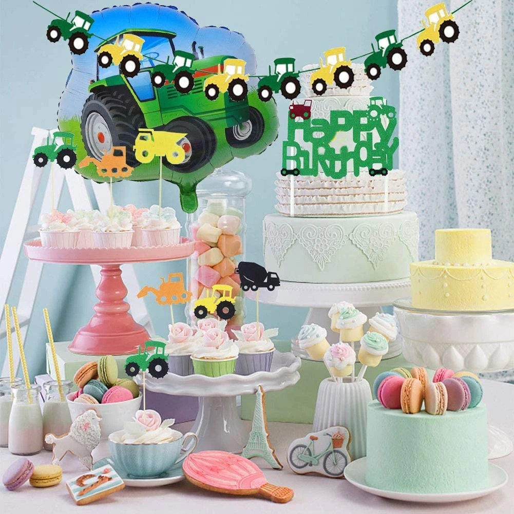 Kit Décoration Anniversaire Tracteur - 5 Ans Garçon - Guirlande, Bannière, Ballons, Décorations Gâteau - Thème Ferme Et Véhicules - 7