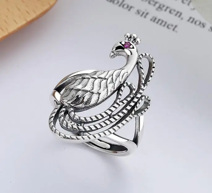 Real 925 Sterling Silver Hollow Peacock Open Rings Retro Trendy S925 Solid Thai Silver Rings Vintage Gift for Women Girl Jewelry