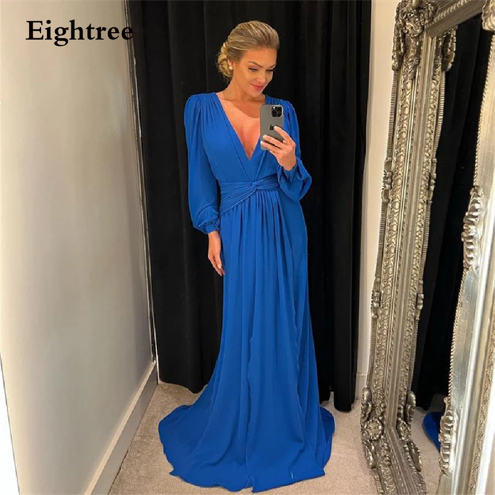 Eightree Blau Lange EINE Linie Volle Hülsen Abendkleider V-ausschnitt Chiffon Saudi-arabien Nacht Formale Party Kleider Prom Kleid vestidos