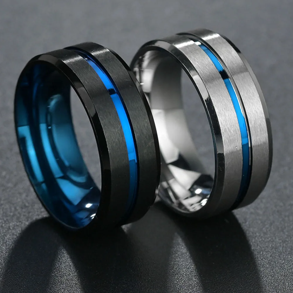 Titanium Rings For Men Surface Black Silvery Groove Inside Blue Face Stainless Steel Ring Highlight Man Temperament Light Luxury