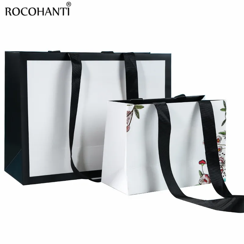 Imagem -05 - Logotipo Personalizado Impresso Matt Laminado Branco Preto Patched Paper Gift Shopping Bolsa com Long Ribbon Handle Bolsas para Regalo 50 Pcs