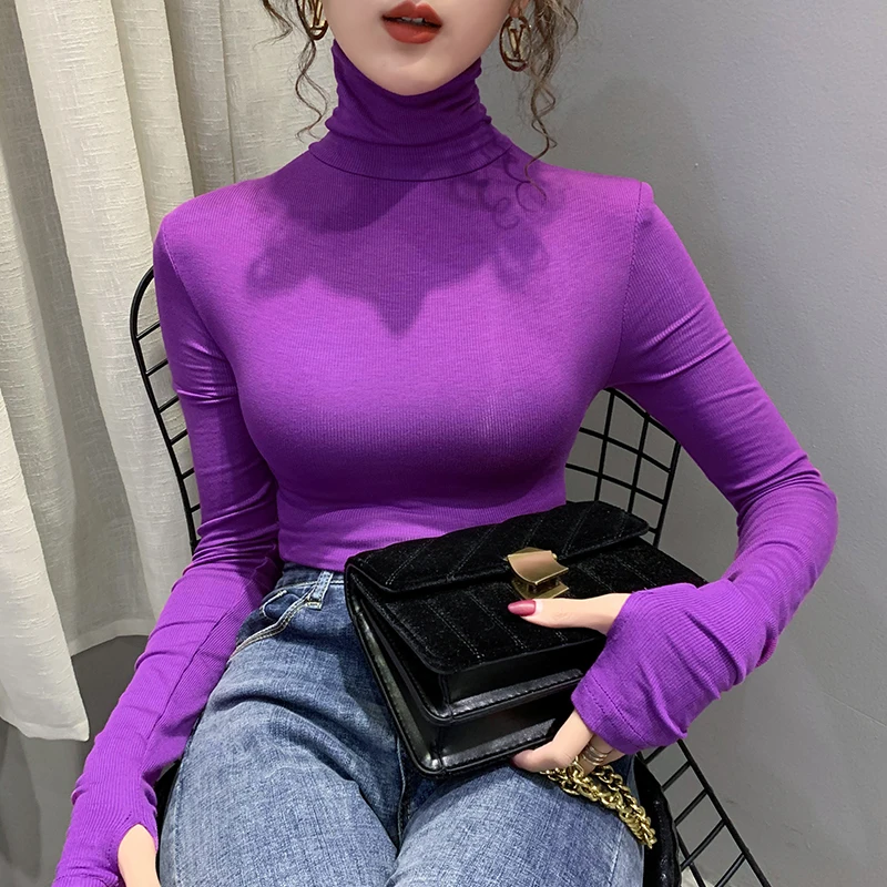 winter thick t shirt female full hooking sleeve velvet T-shirt girls slim stretchy solid tshirts woman turtleneck tops