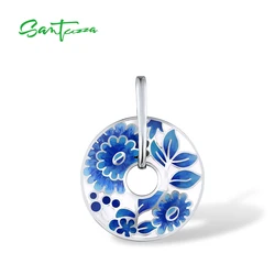 SANTUZZA Silver Pendant For Women Genuine 925 Sterling Silver Blue Enamel Flower Pendant Round Delicate Fine Jewelry Handmade