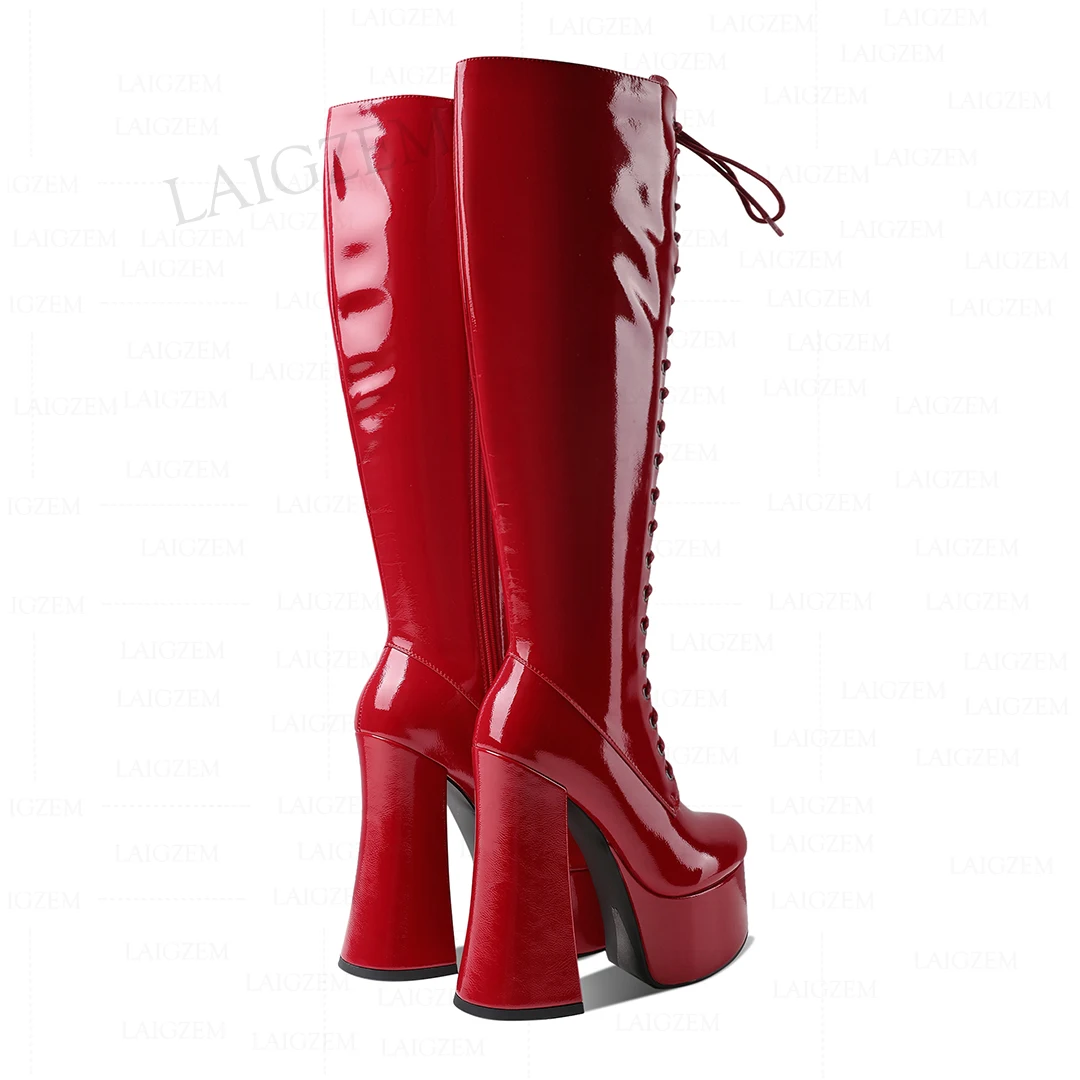 Stivali alti al ginocchio da donna con cerniera laterale stivali alti comodi al polpaccio 14.5CM scarpe con tacco largo scarpe con plateau donna