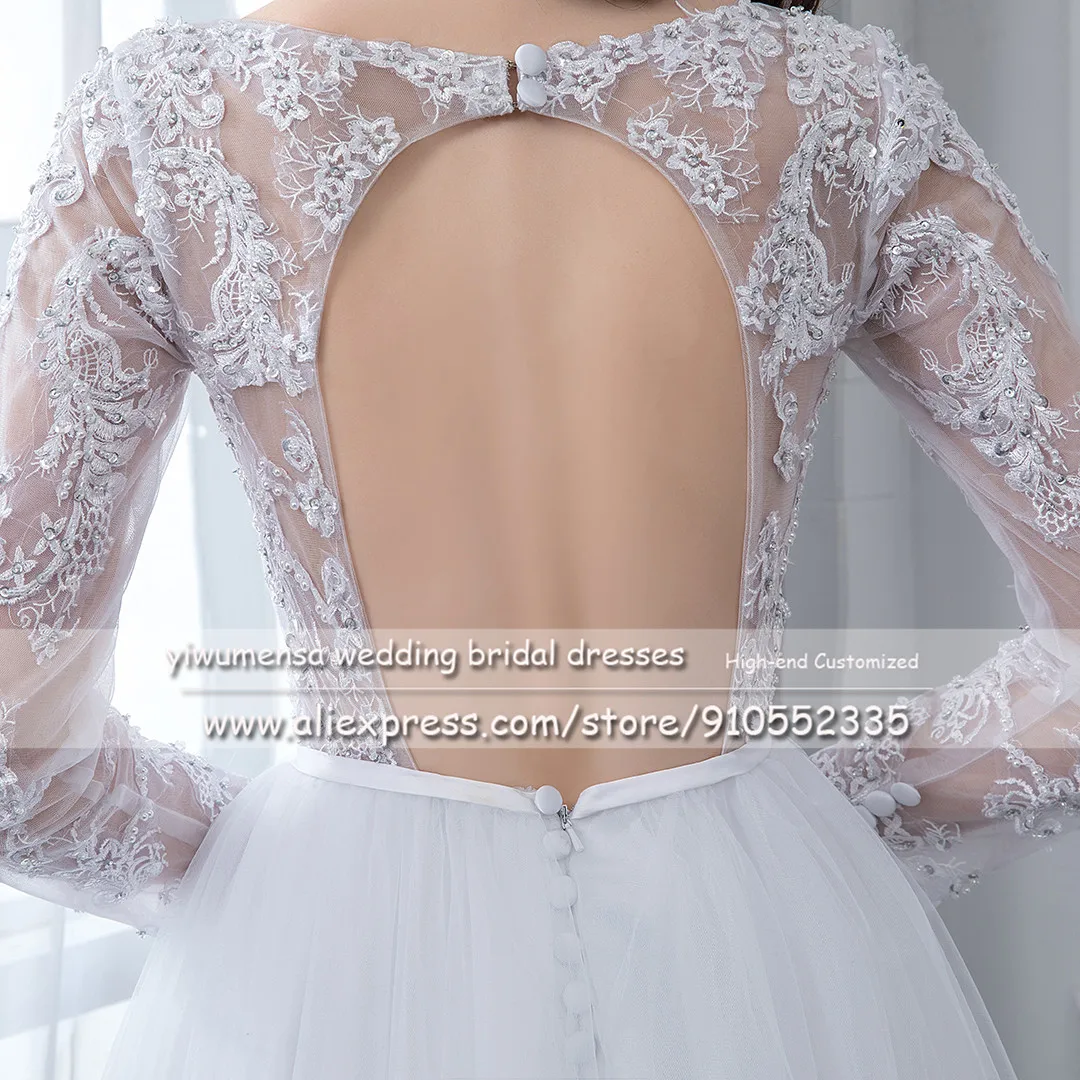 A20 Long Sleeves Tulle Beach Wedding Dress Simple Sexy Backless Bridal Gown Plus Size Romantic Lace Beaded Robe De Marriage 2020