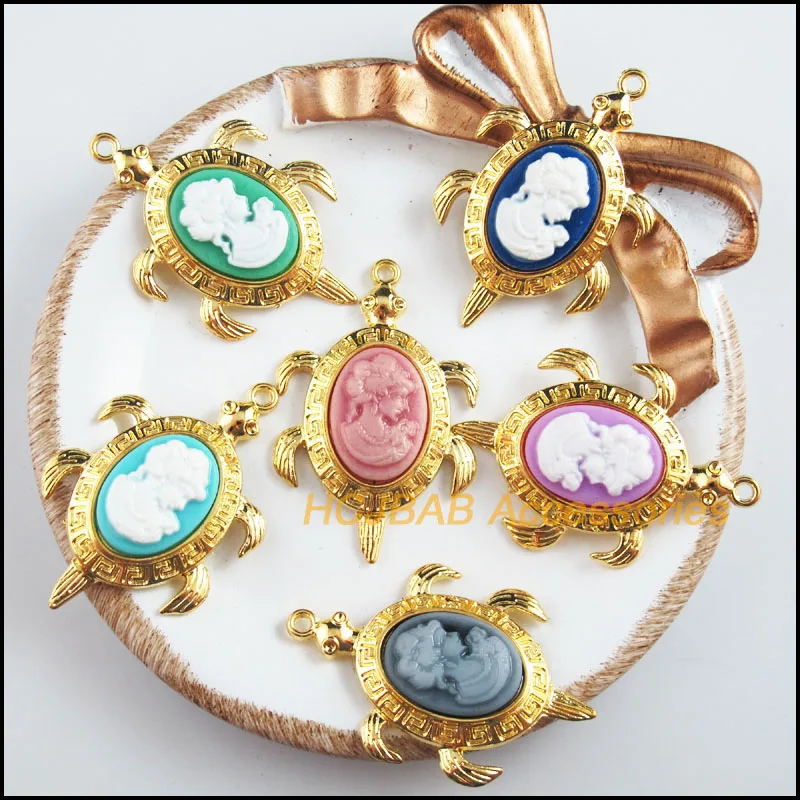 6Pcs Gold Color Retro Tortoise Beauty Mixed Resin Charms Pendants 27.5x42mm