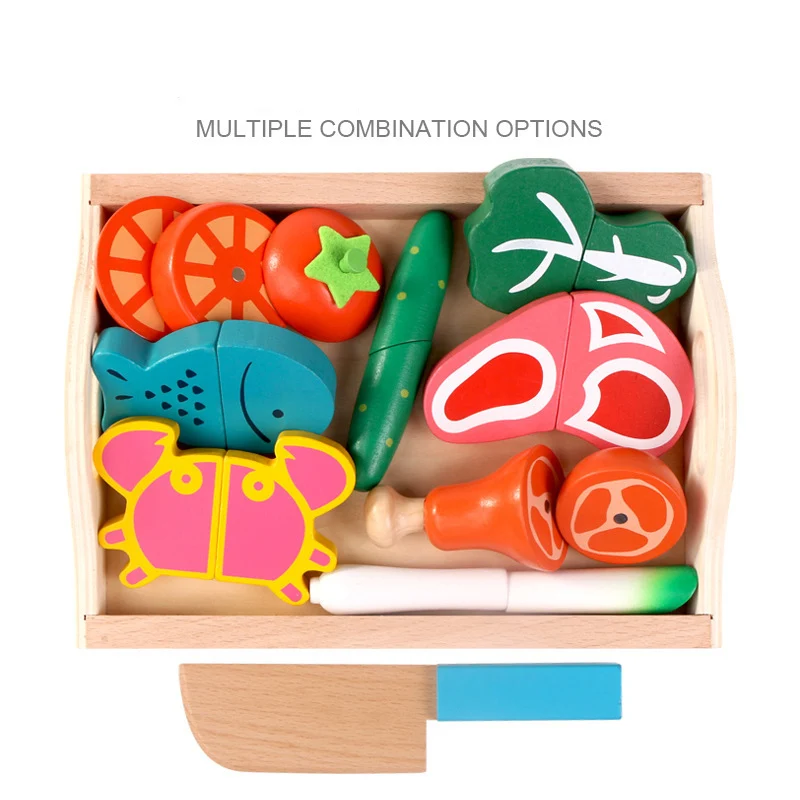 Serie de simulación de cocina Montessori, frutas y verduras cortadas, juguetes de madera, juego de simulación clásico, cultivo de interés de cocina