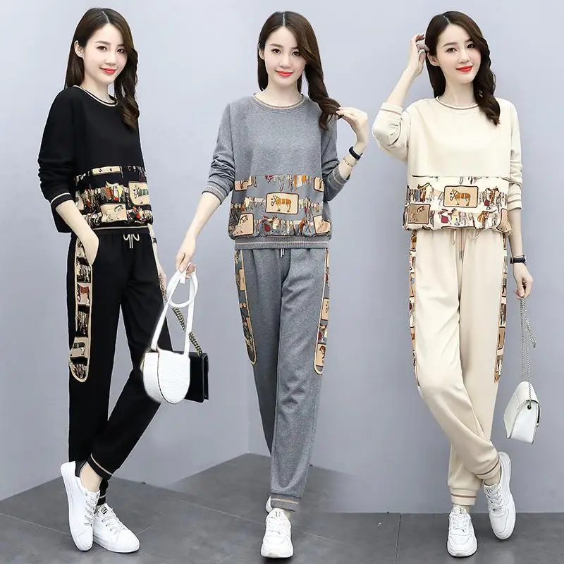 2021 New Age Season Big Yards Ladies' Printed Long-sleeve Loose Beam Foot Haroun Pants Two-piece Leisure Fashion Sports Suits