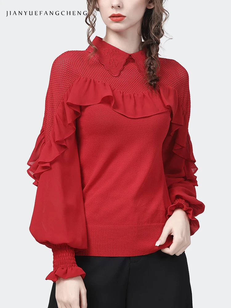 2023 Spring New Womens Long Sleeve Embroidered Knitted Shirt Elegant Ruffles Pointed Collar Red Lantern Sleeve Pullovers Tops