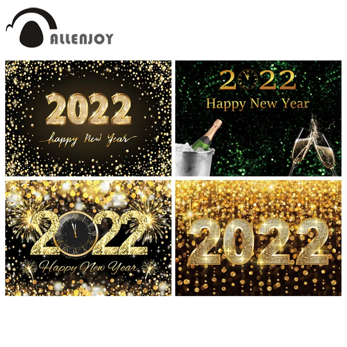 

Allenjoy Happy New Year 2022 Backdrop Glitter Fireworks Clock Balloon Party Supplies Photography Background Event Photo Zone