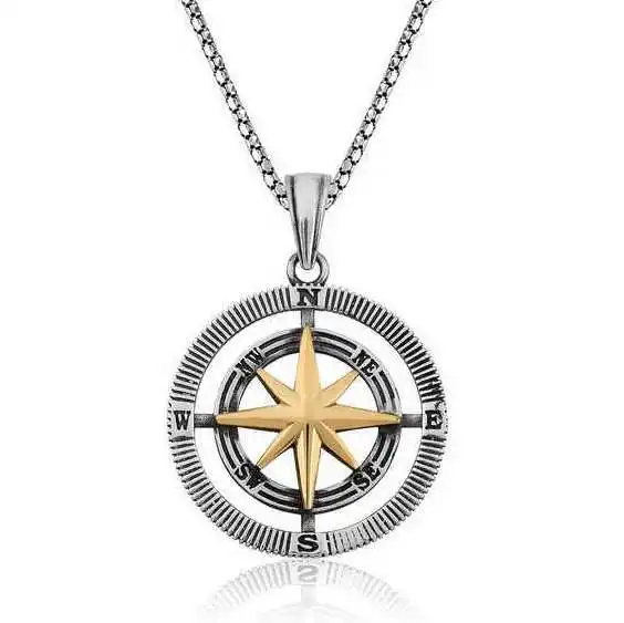 Silver Compass Unisex Necklace 925 Sterling Men Jewelry Wedding Party Birthday Gift - Box - Pendant - Chain Choker - Man - Fashion