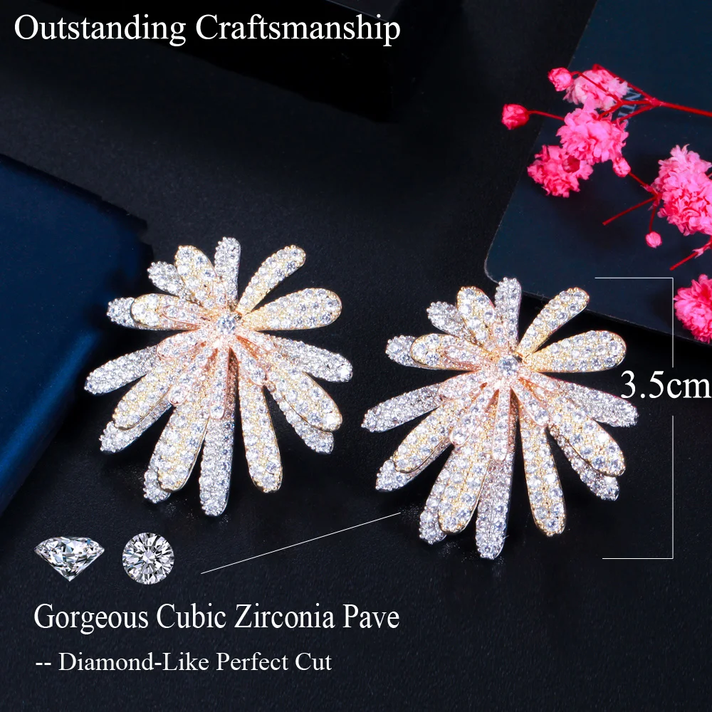 CWWZircons 3 Tone Gold Color Multi Layer Firework Flower Cubic Zircon Big Luxury Earrings for Women Wedding Bridal Jewelry CZ887