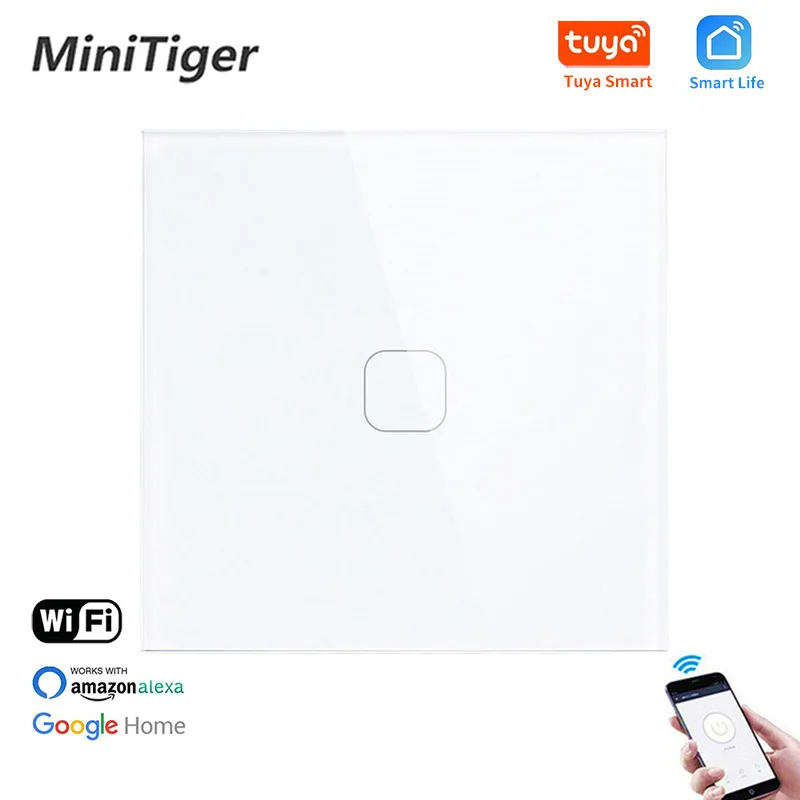 Minitiger EU Standard 1 Gang Tuya/Smart Life WiFi Wall Light Touch Switch Crystal Glass Wireless Control Smart Switch