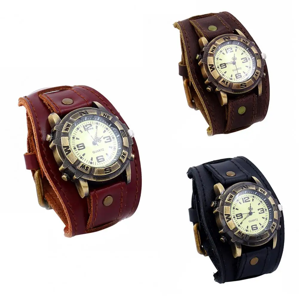 Dropshipping Vintage Women Men Punk Faux Leather Round Dial Quartz Bracelet Wrist Watches