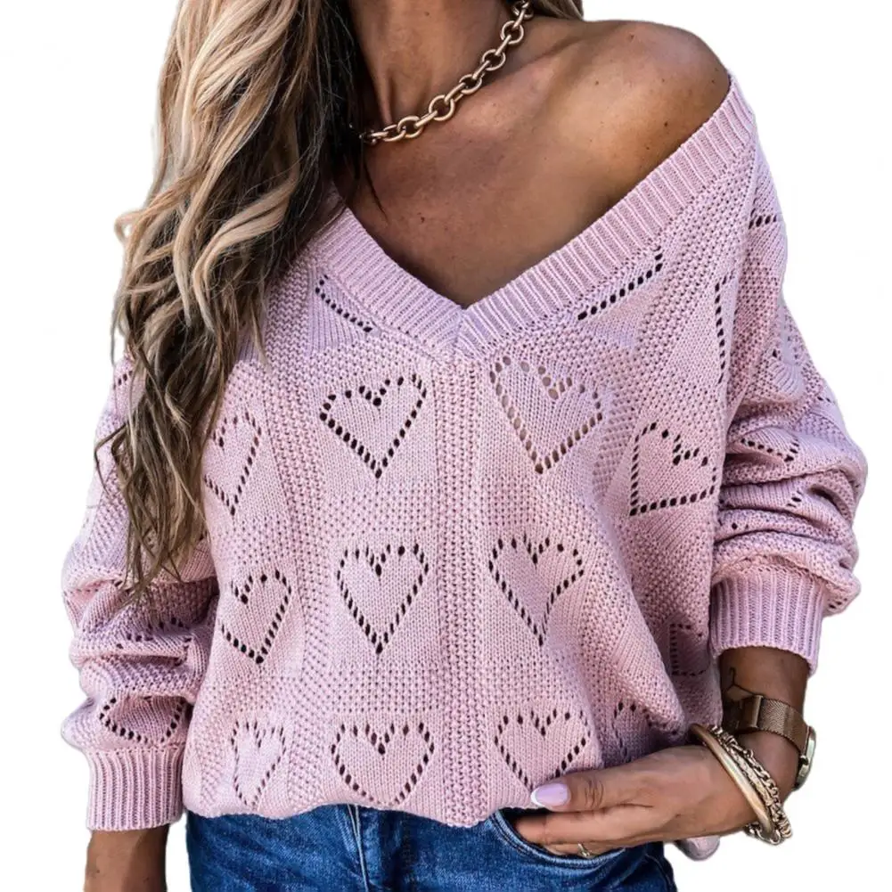 V-Neck Pullover Sweater Women Autumn Winter Love Heart Hollow Crochet Sweater Print Loose Knitwear Jumper Women\'s Clothing