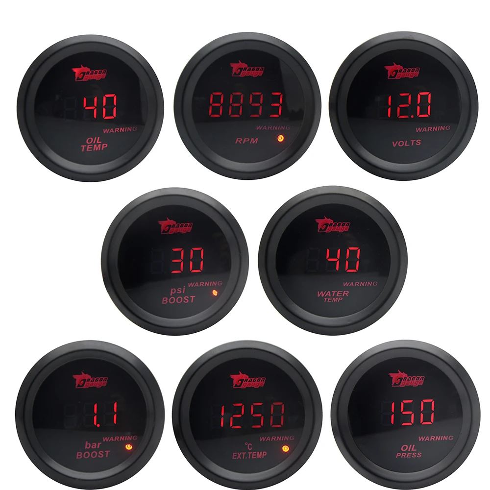 2'' 52MM Boost/Water Temp/Oil Temp/Volt/Tachometer/Oil Pressure Gauge Black Color Digital Red Led + Gauge Pods