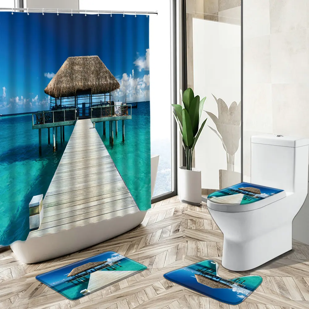 Ocean Natural Landscape Shower Curtain Wooden Pier Seagull Evening Sunset Summer Scenery Non-Slip Pedestal Rug Toilet Cover Set