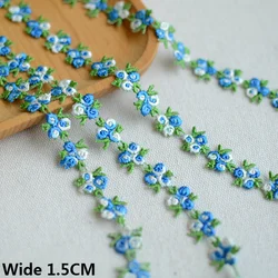 1.5CM Wide Exquisite White Green Blue Three Colors Polyester Lace Flowers Embroidered Ribbon Apparel Headwear DIY Sewing Decor