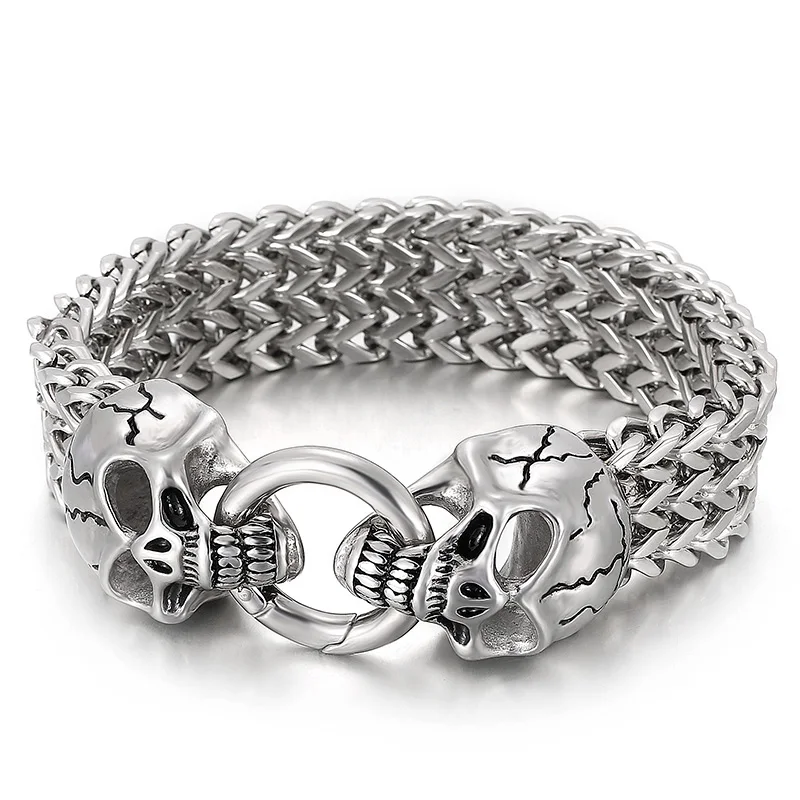 

Large 18mm 8.8 inch Biker Men's Franco Chain Bracelet stainless steel Wolf Head Bangle With Spring Loop clasp Heavy