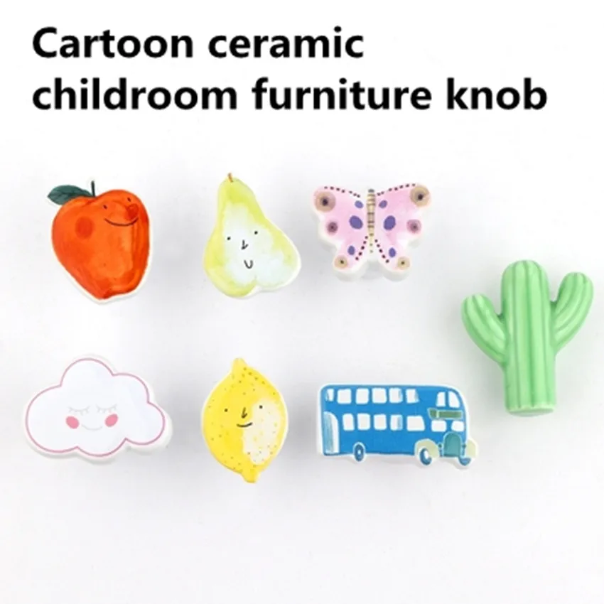 Fashionable cute cartoon Ceramic fruit animal drawer shoe cabinet childroom furniture kid,s knob cupboard dresser color handle