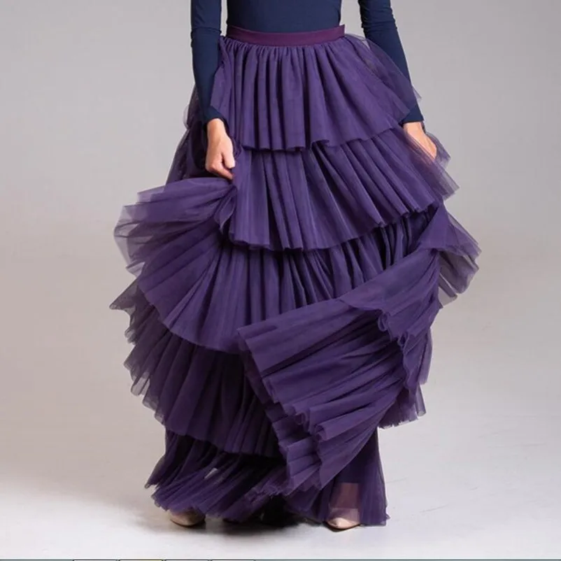 

Purple Tiered Puffy Tulle Skirts High Street Women Floor Length Fashion Ruffle Tutu Long Skirt Zipper Saias Faldas Custom Made