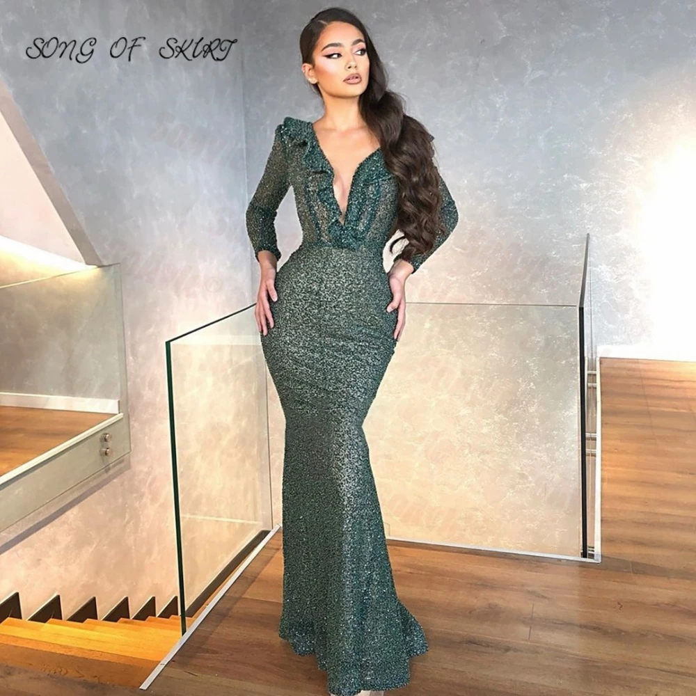 

Sexy Green Mermaid Glisten Mother Of Bride Dresses Fungus Deep V Neck Long Sleeves Women Formal Evening Gown Robe De Soirée