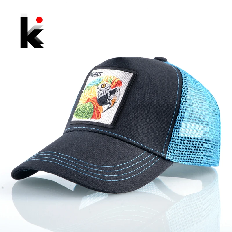 Breathable Mesh Baseball Cap Snapback Trucker Caps Men Parrot Patch Visor Baseball Hat Women Outdoor Streetwear Hip Hop Bones