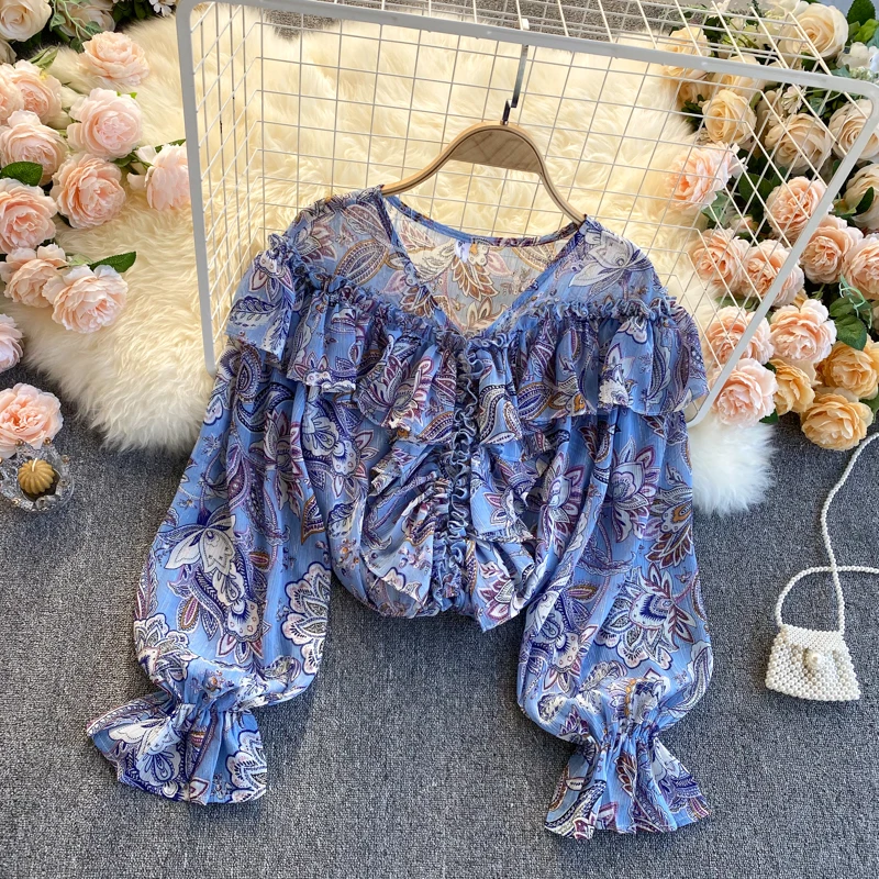 

Wood Ear Decoration Loose and Thin Chiffon Shirt 2022 New Spring Blouse Female Retro Age Reduction V-neck Puff Sleeve Blusa