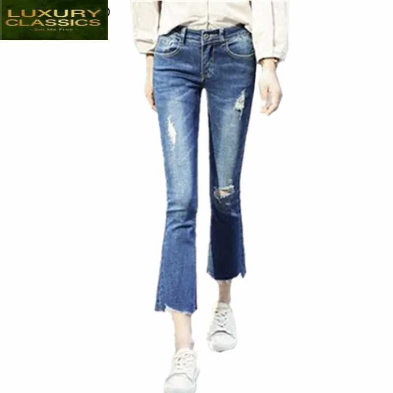 

Flare Jean Ankle-Length Women's Pants 2021 New Fashion Jeans with Holes High Waist Slim Fit Female Casual Trousers LWL490
