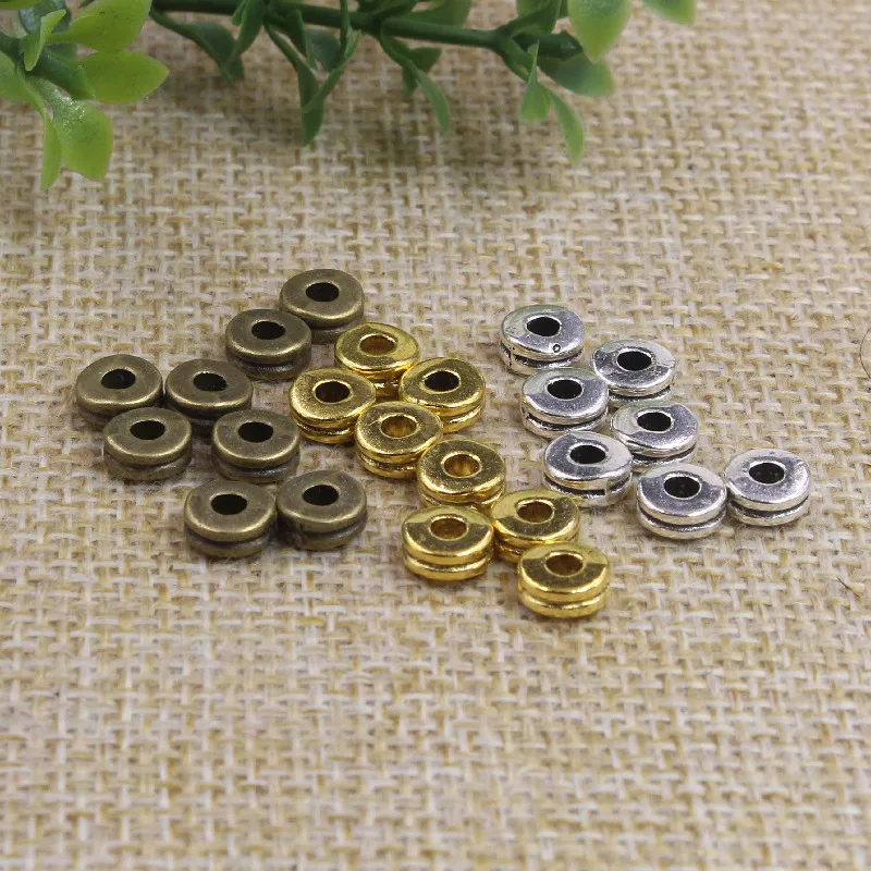 100pcs/Lot Double Layer Flat Round Loose Spacer Beads 6mm Antique Bronze/Gold/Silver Color Charm Shim Beads DIY Jewelry Findings