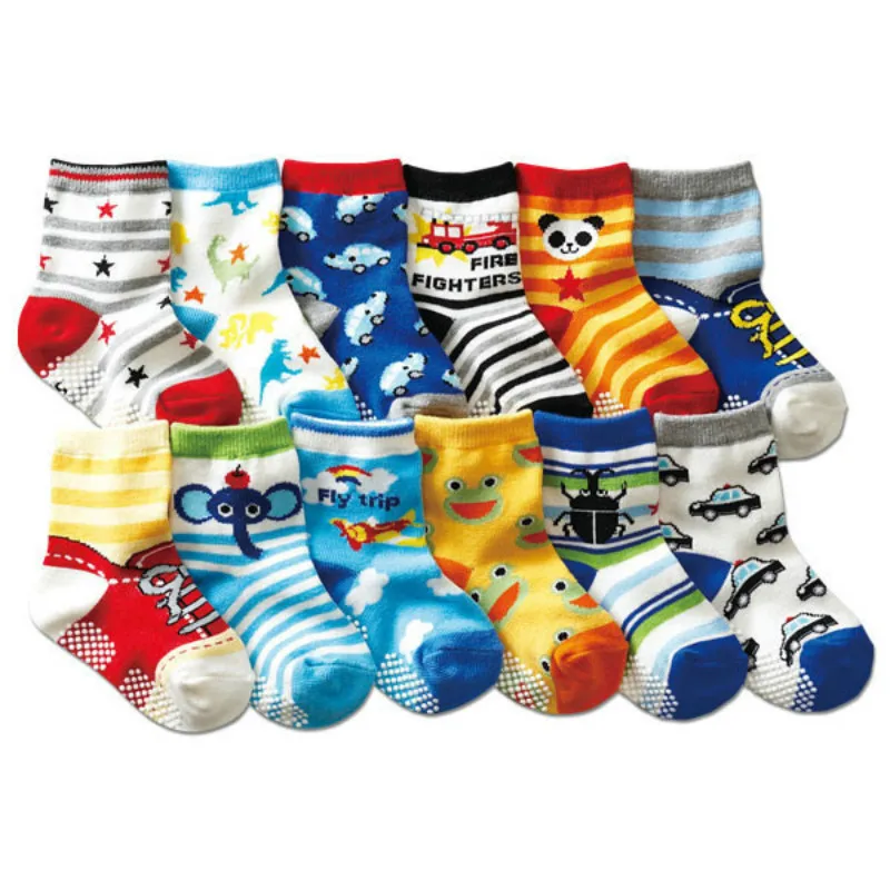 (12 Pairs/lot  Cotton Baby Boys Girls Socks Rubber Slip-resistant Floor Socks Cartoon Kids Socks 12cm-14cm