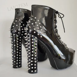 LAIGZEM Studded Women Ankle Platform Boots Lace Up Thick High Heels Boots Shiny Black Patent Shoes Woman Large Size 41 42 45 47