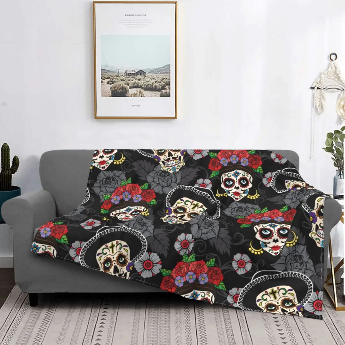 Day Of The Dead Halloween Blankets Sugar Skull Rose Flannel Throw Blankets Bedroom Sofa Decoration Ultra-Soft Warm Bedspreads