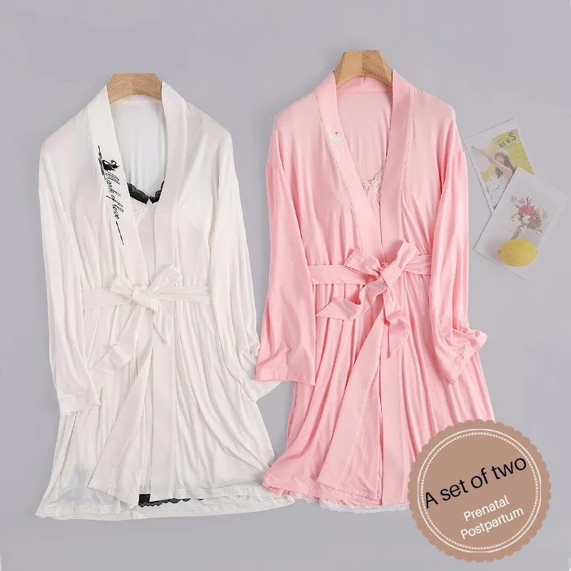 2pcs/set Pregnancy Maternity Sleepwear Spring Breastfeeding Nightgown Elegant Maternity Nursing Dress Nursing Pregnant Pajamas