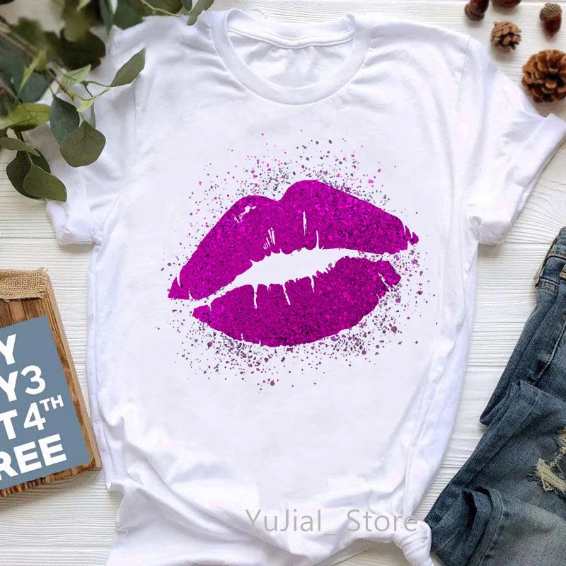 

Watercolor Pink/Red/Blue Lips Print T-Shirt Women'S Clothing White Casual Tshirt Femme Tumblr Clothes Harajuku Shirt Streetwear