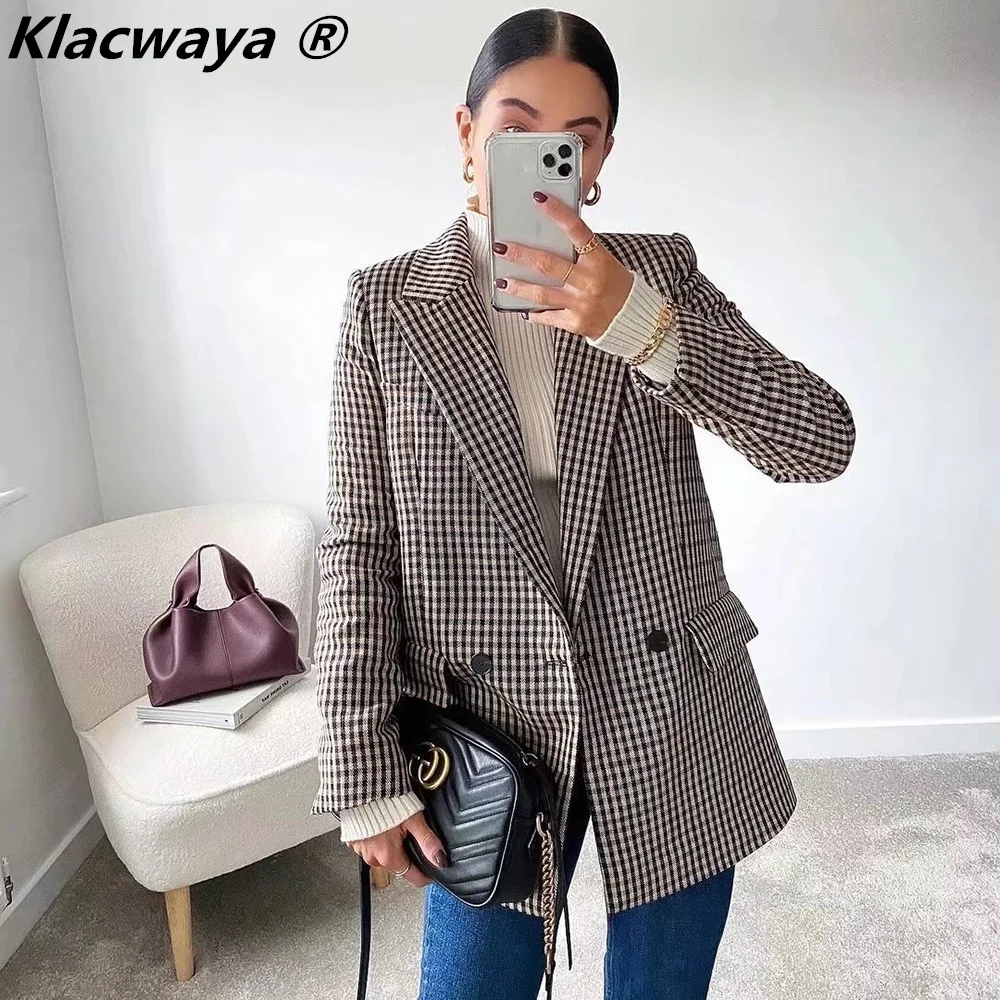 

Klacwaya Houndstooth Blazer Women Coat Jackets For Women 2022 Office Lady Double Breasted Blazers Casual Female Checked Jacket