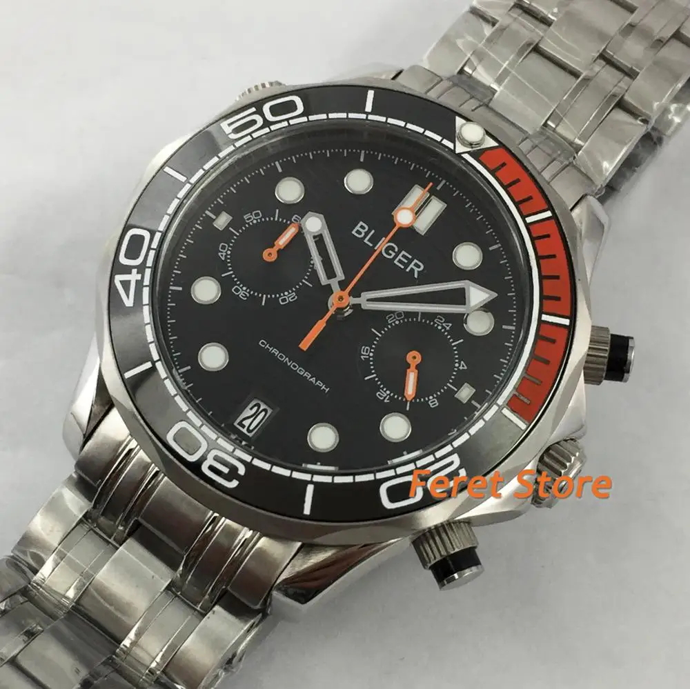 

41mm Bliger silver case sapphire glass ceramic bezel black dial date luminous Japan VK chronograph quartz movement men's watch