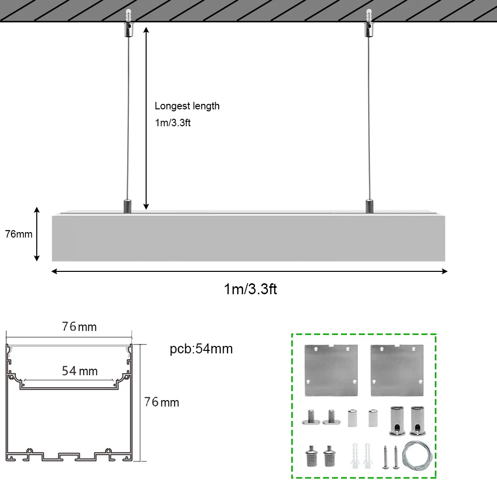 2 Pack 1M (3.3FT) H7676mm  LED Aluminum Channel Kit Silver Profile  for Suspension Mounting Linear Office Lighting System