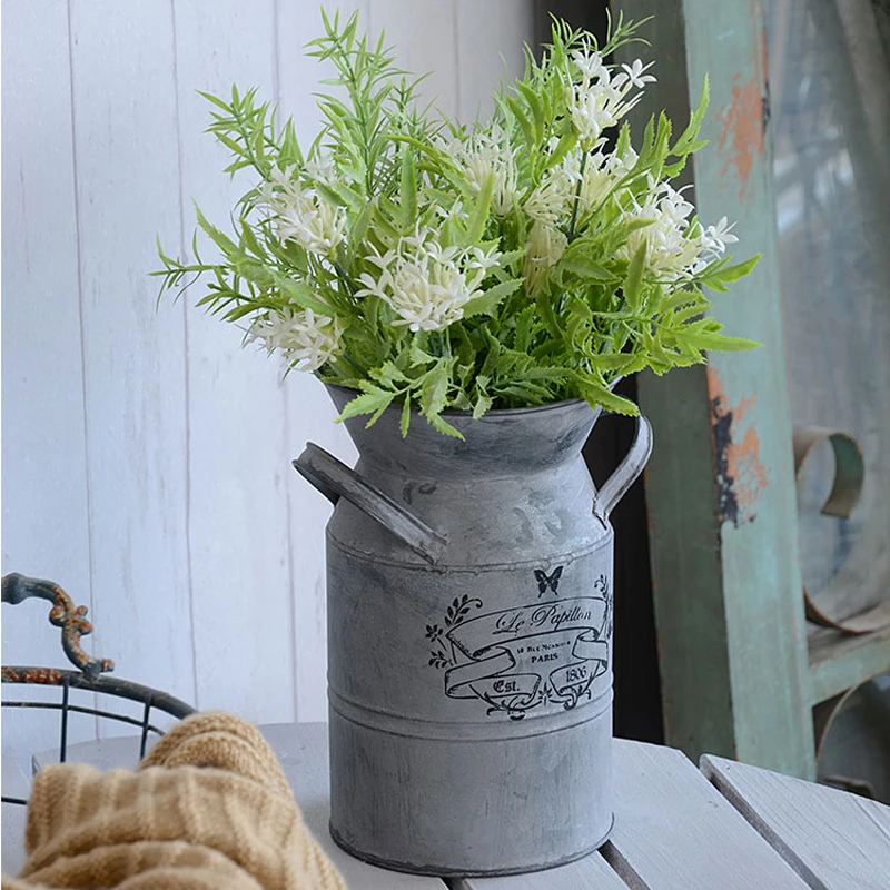 

Retro Grey Iron Home Decor Tabletop Flower Vase With Two Handles Around Neck and Black Butterfly Flowers Printed On