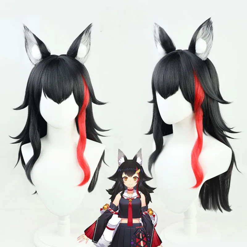 VTuber Ookami Mio Wig Ears Hololive Gamers Black Red Highlight Long Neta Wolf Girls Cosplay Synthetic Hair Accessories Role Play