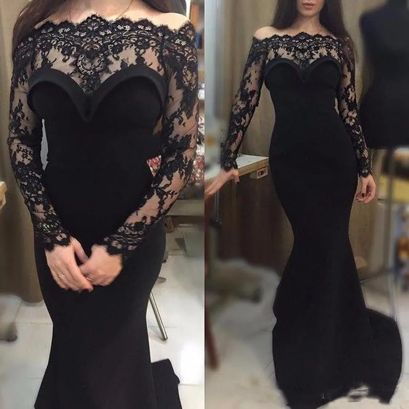 Elegant Black Mermaid Evening Dresses Vestidos De Noche เซ็กซี่ Off Shoulder Lace Robe Soirée Femme แขนยาว Sheer ซาติน