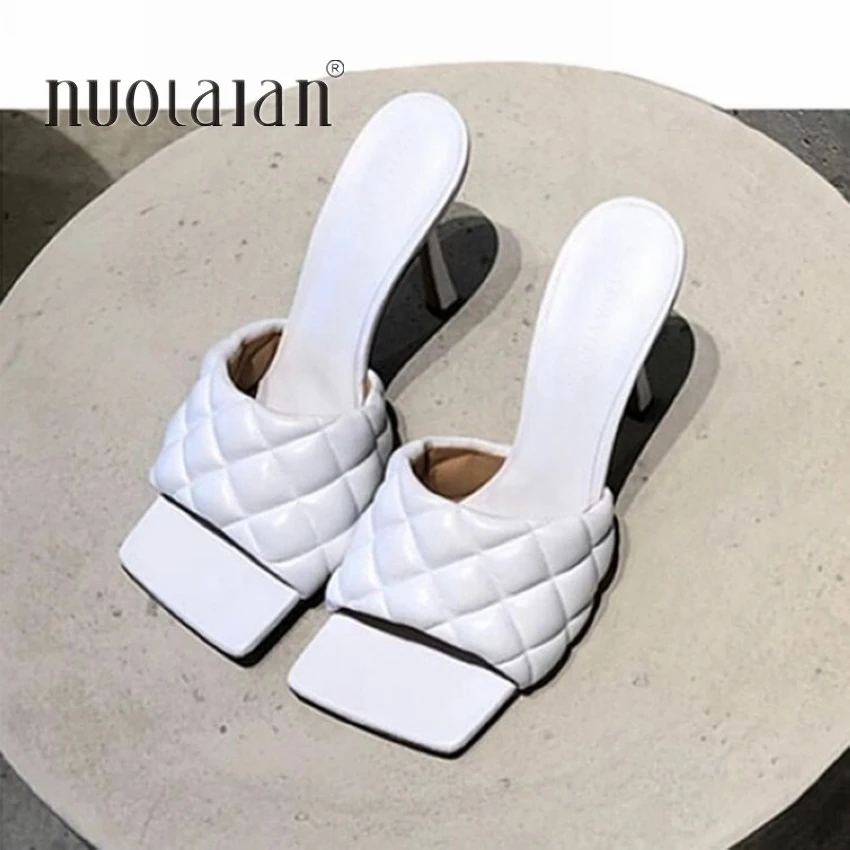 2020 New Design Square Toe Thin High Heels Slippers Women Sandals Fashion Slip On Slides Summer Woman Shoes Mules