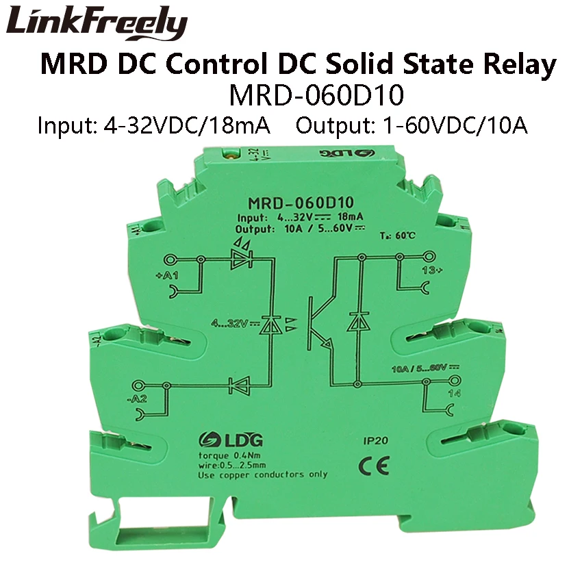 MRD-060D10 10A Mini LED Indicator SSR Solid State Relay DC DC Input: 5V 12V 24VDC Interface Voltage Switch Relay Module Din Rail