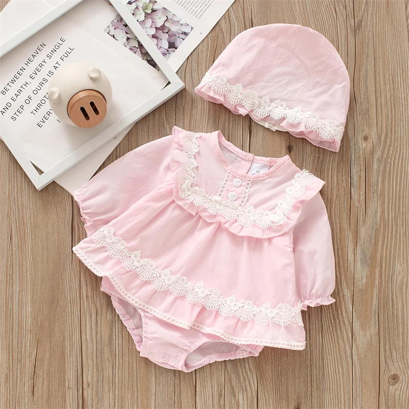 Princess Lace Baby Girl Clothes Spring Autumn Long Sleeve Cotton Bodysuit Onesie Jumpsuits + hat