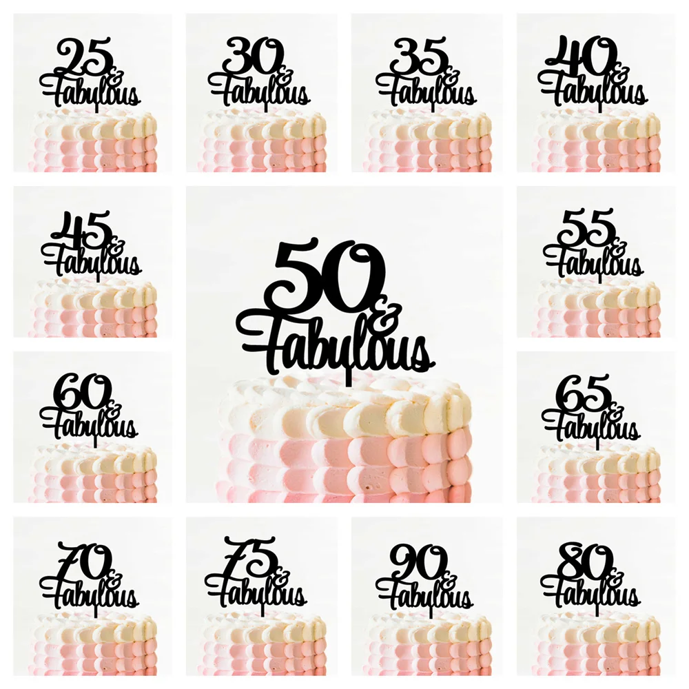 50 & Fabulous Cake Topper 35 40 45 55 60 70 80 90 Birthday Cake Topper Gold Glitter Picks Party Accessory Anniversary Decor